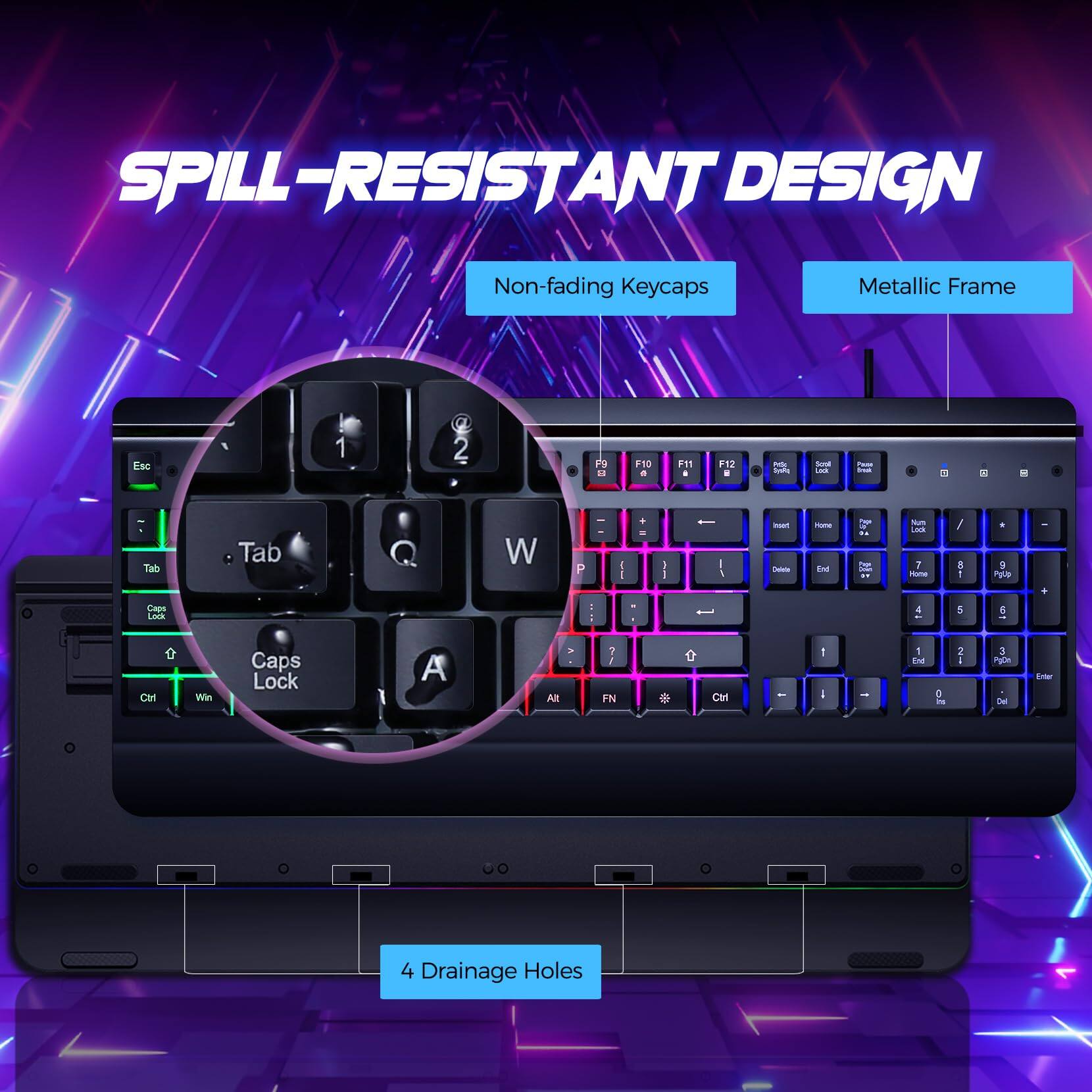 SPILL-RESISTANT DESIGN

- Non-fading Keycaps
- Metallic Frame
- 4 Drainage Holes