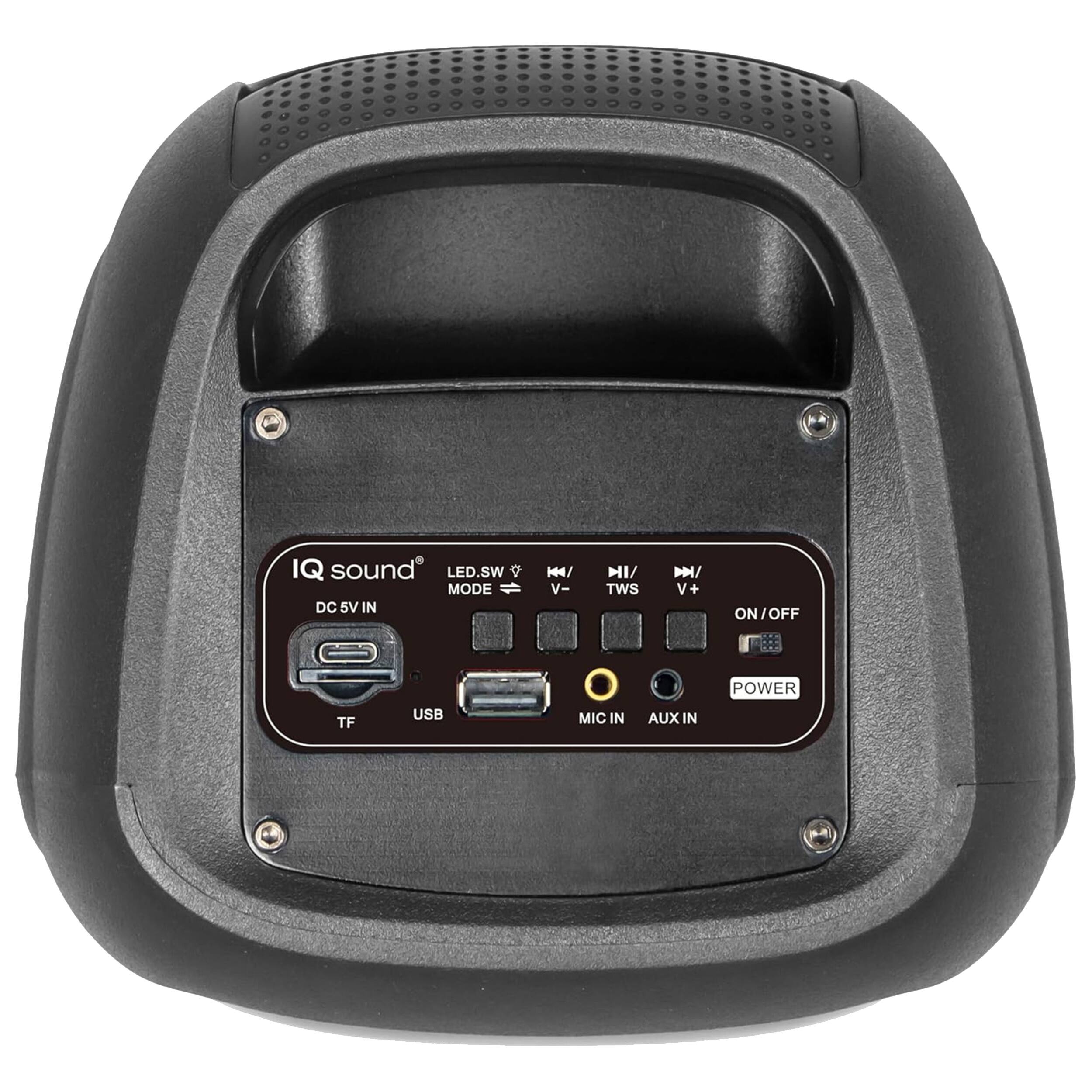 IQ sound  
LED.SW  
MODE  
DC 5V IN  
MIC IN  
AUX IN  
TF  
USB  
POWER  
V-  
TWS  
V+  
ON/OFF