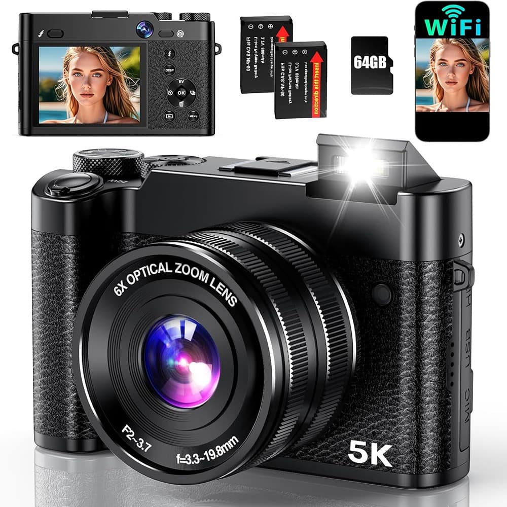ACJPR - 5K Digital Camera, 64MP, 6X Zoom, Autofocus, Dual-Lens, WiFi