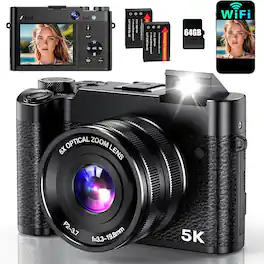 ACJPR - 5K Digital Camera, 64MP, 6X Zoom, Autofocus, Dual-Lens, WiFi
