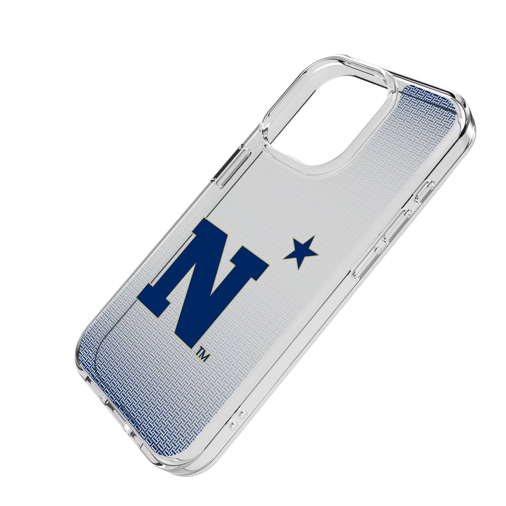 Alt View 1. Keyscaper - Navy Midshipmen Linen Logo iPhone Clear Case - 14 Plus - Multicolor.