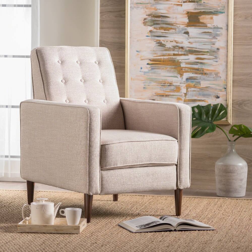 Back. Loheer - Loheer Fabric Recliner Chair, Mid-Century Pushback Tufted Sofa with Wooden Legs for Living Room - Gray.