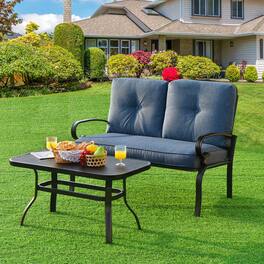 Gymax - 2PCS Patio Loveseat & Table Set Conversation Sofa Set w/ Cushions - Blue