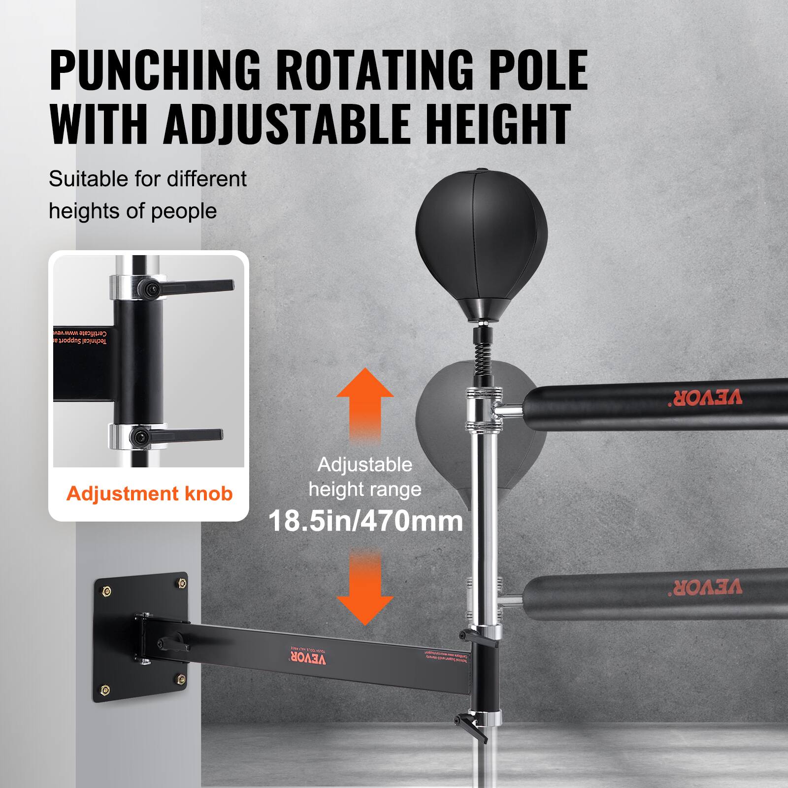 PUNCHING ROTATING POLE WITH ADJUSTABLE HEIGHT

Suitable for different heights of people

Adjustment knob

Adjustable height range 18.5in/470mm