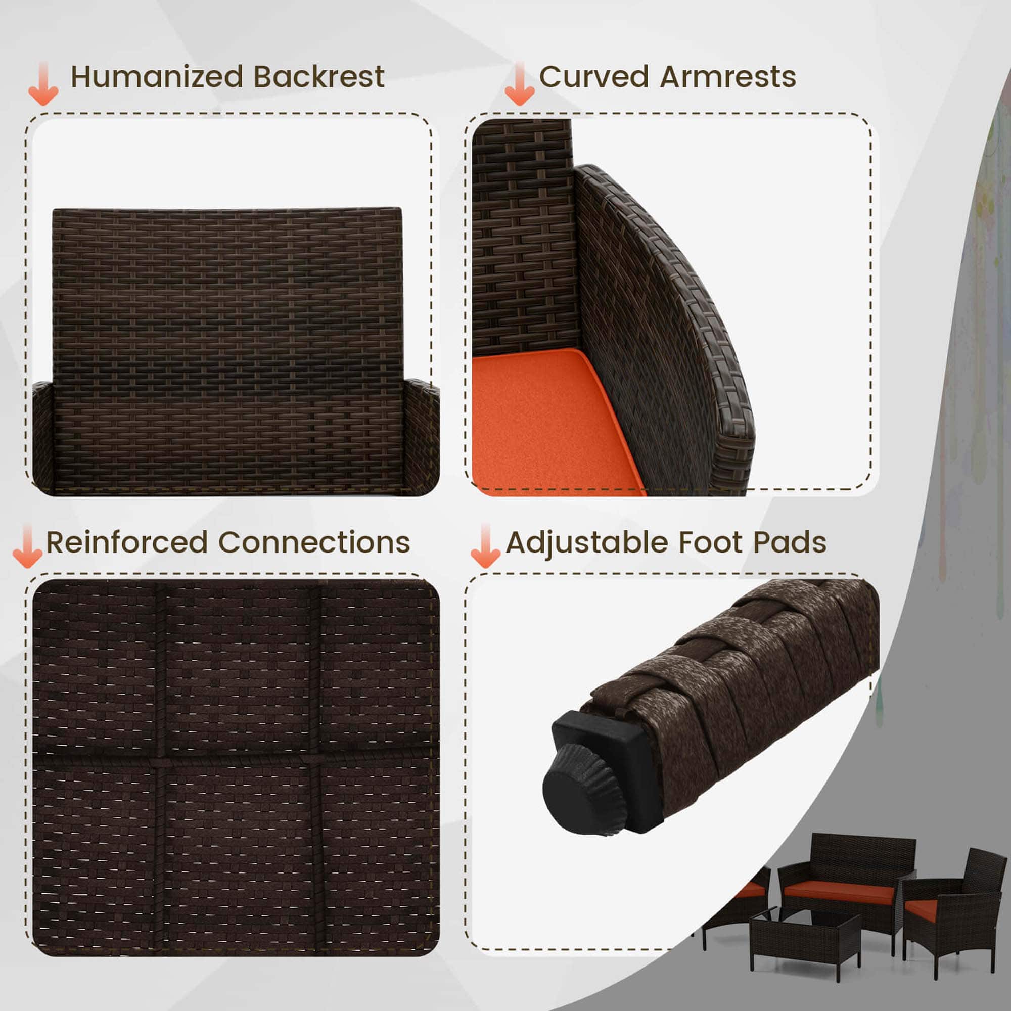 Humanized Backrest, Curved Armrests, Reinforced Connections, Adjustable Foot Pads