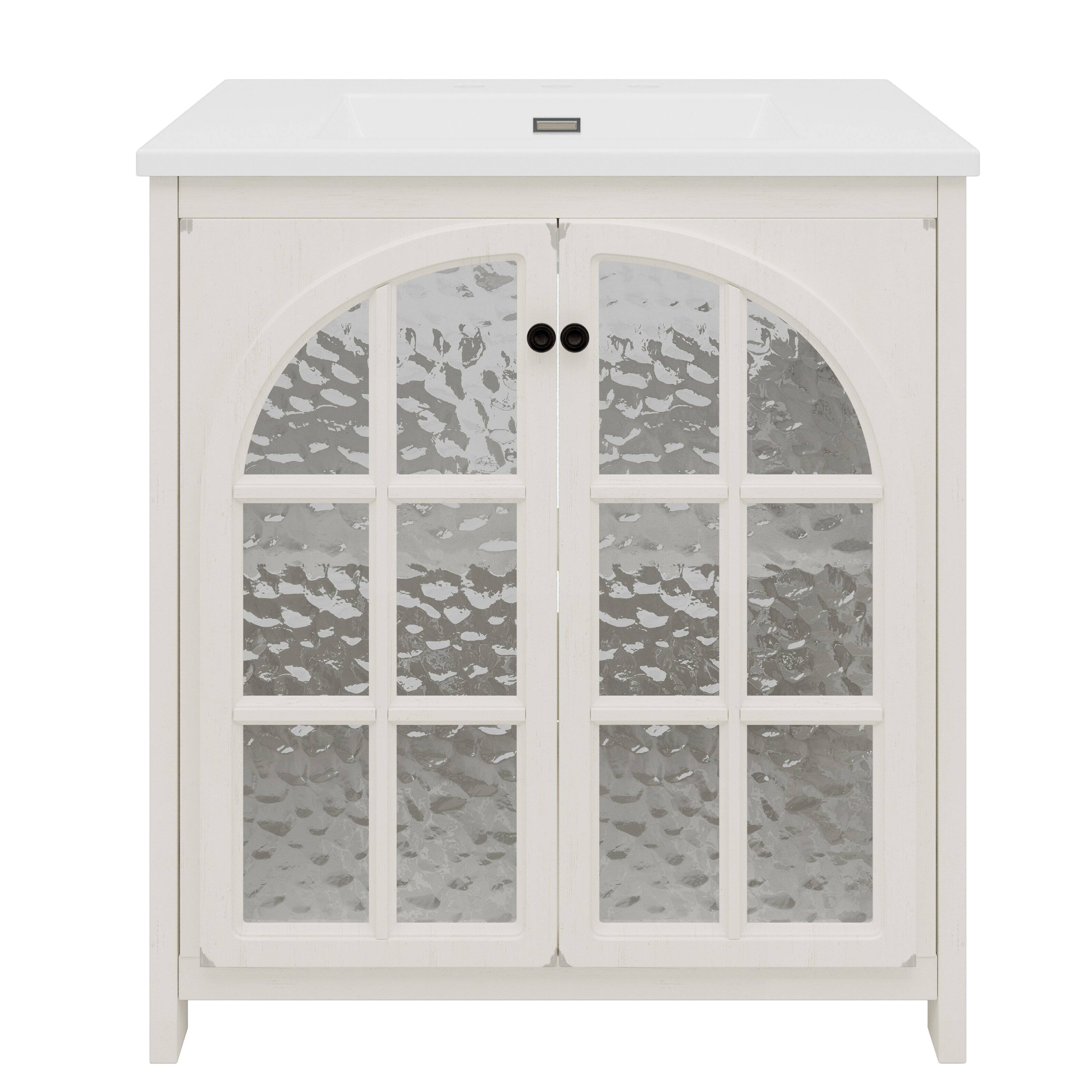 Front. Glintex - 31" Bathroom Vanity with Ceramic Sink, Vintage Farmhouse Style, Soft-Closing Doors, Storage Cabinet for Bathroom - Antique White.