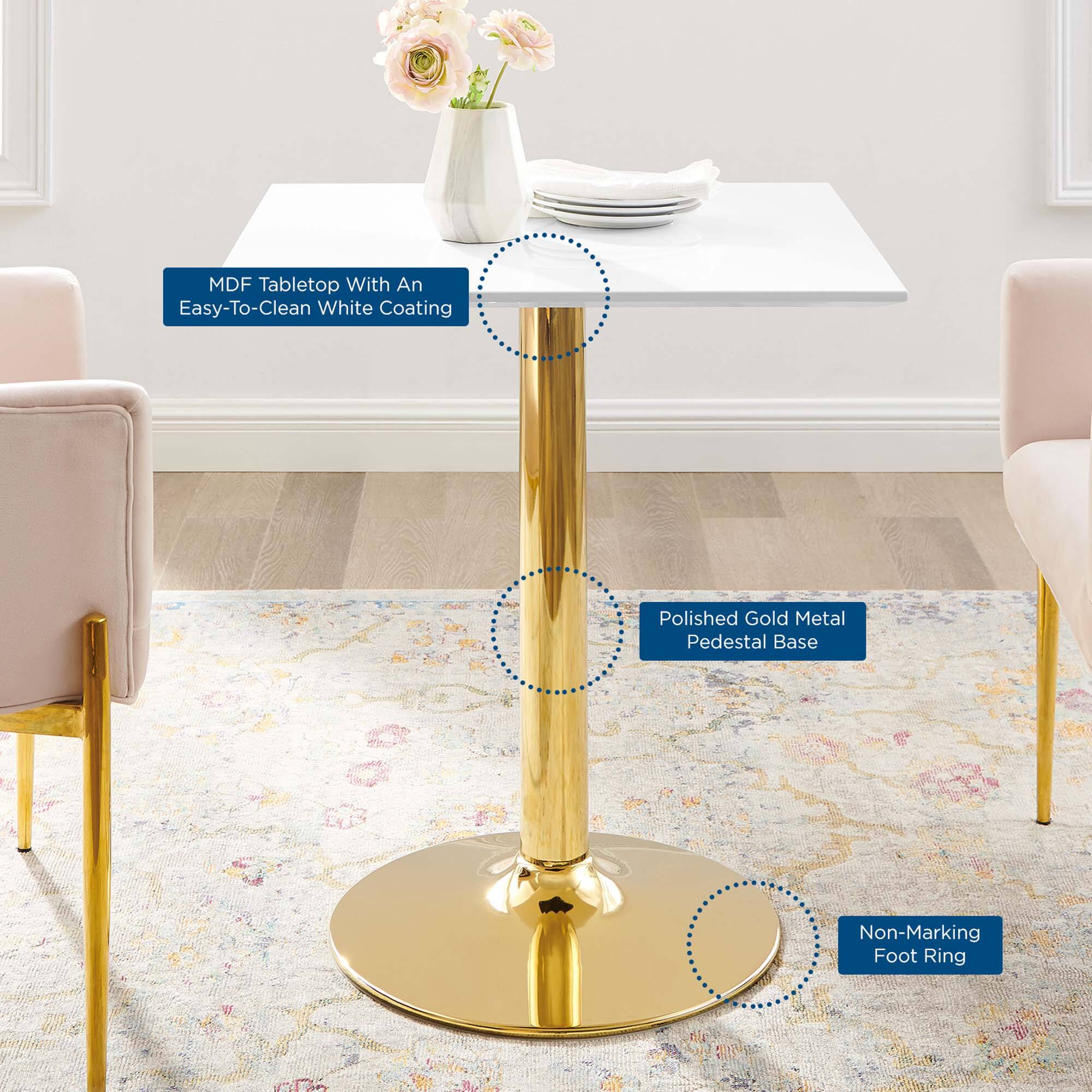 - MDF Tabletop With An Easy-To-Clean White Coating
- Polished Gold Metal Pedestal Base
- Non-Marking Foot Ring