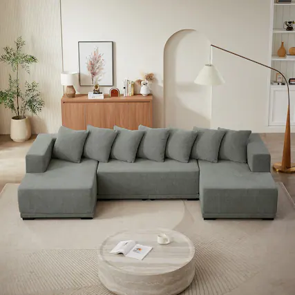 Front. Boyel Living - 128 in. Wide Straight Arm Chenille U-Shaped Minimalist Style Modular Sectional Sofa Set in. Gray with Supporting Foot - Gray.