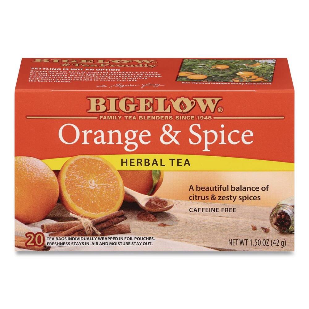 BIGelow  
#TeaProudly  
SETTLING IS NOT AN OPTION  

FAMILY TEA BLENDERS SINCE 1945  

Orange & Spice  
HERBAL TEA  

A beautiful balance of citrus & zesty spices  
CAFFEINE FREE  

20 TEA BAGS INDIVIDUALLY WRAPPED IN FOIL POUCHES.  
FRESHNESS STAYS IN. AIR AND MOISTURE STAY OUT.  

NET WT 1.50 OZ (42g)