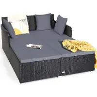 Costway Outdoor Patio Rattan Daybed Pillows Cushioned Sofa Furniture - Gray - Front_Zoom