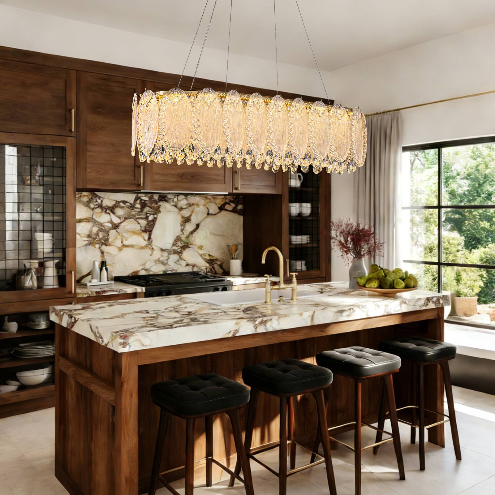 Left. Siljoy - 37.5-inch  French Country Chandelier Gold Brass K9 Crystal Vintage Farmhouse Linear Pendant for Dining Kitchen Bedroom - Black.