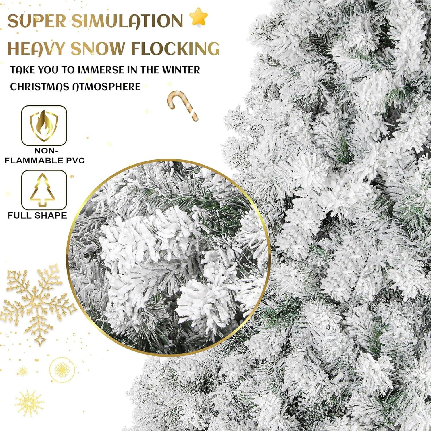 Back. MOVSSOU - Christmas Tree 550 Multicolored Lights Snow Flocked Pine Tree 9 Light Lighting Modes Party Decoration - white.