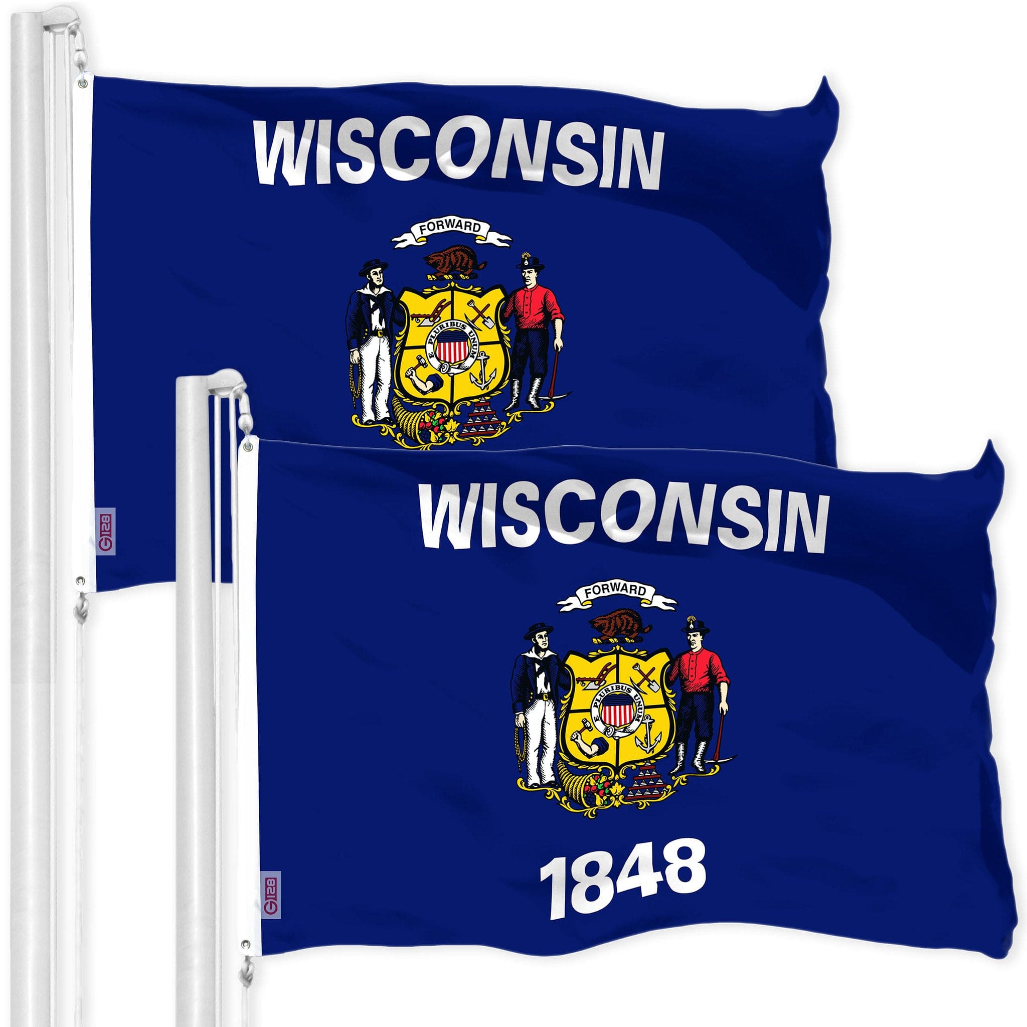 G128 - 2-Pack Wisconsin State Flags, 3x5 ft Printed 300D Polyester with Brass Grommets - Assorted Colors