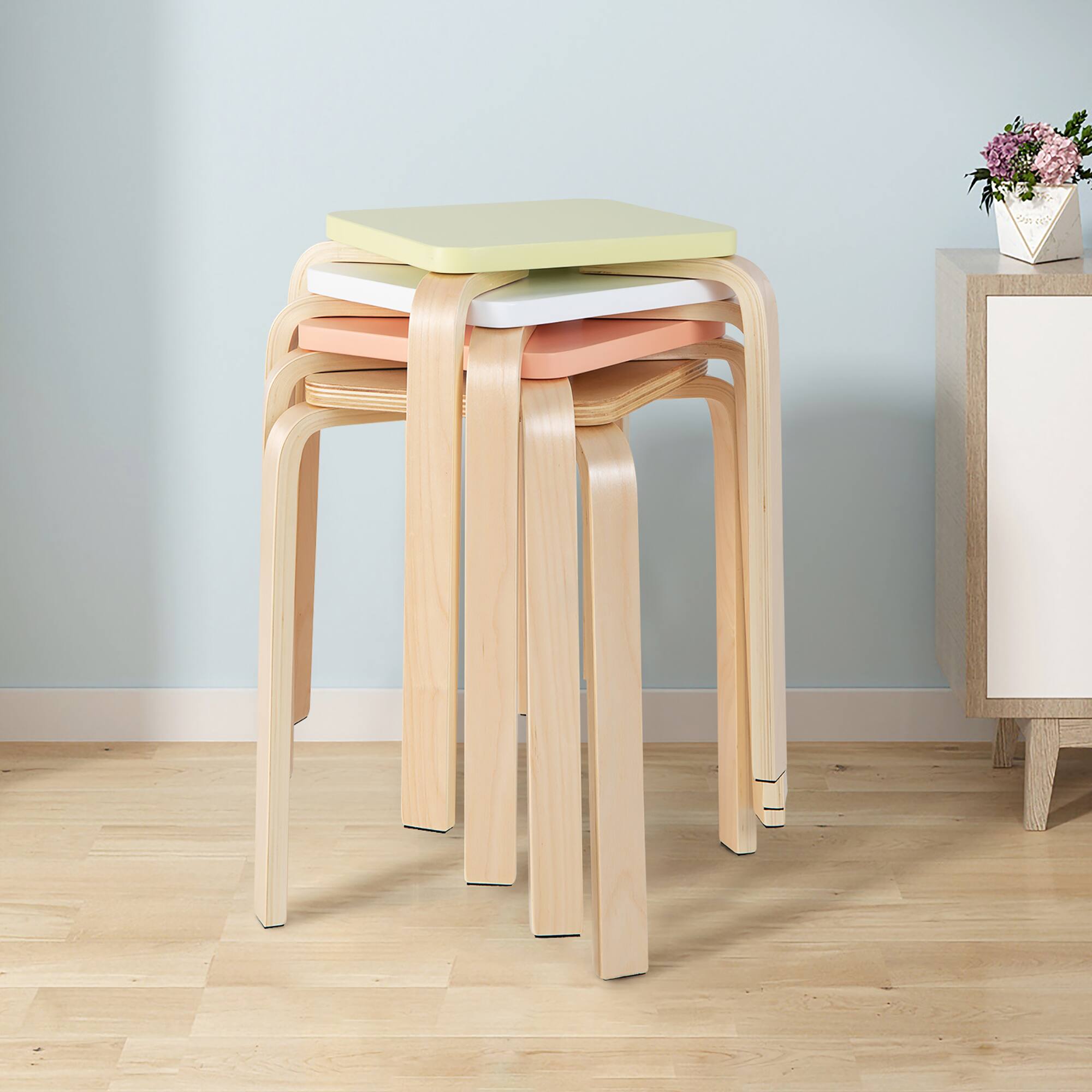 Alt View 1. Costway - Costway Set of 4 Colorful Square Stools Stackable Wood Stools with Anti-slip Felt Mats - Natural.