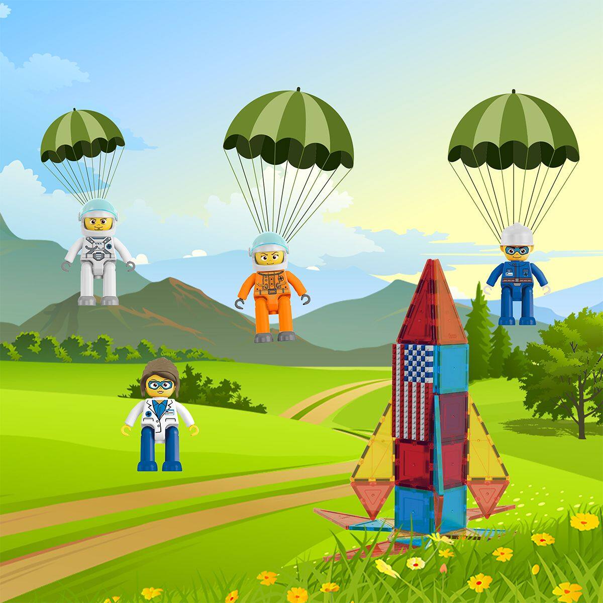 Alt View 5. PicassoTiles - PICASSO-TILES 4PC Astronaut Magnetic Character Action Figures, Expansion Set for Building Tile Blocks Toy for Kids.