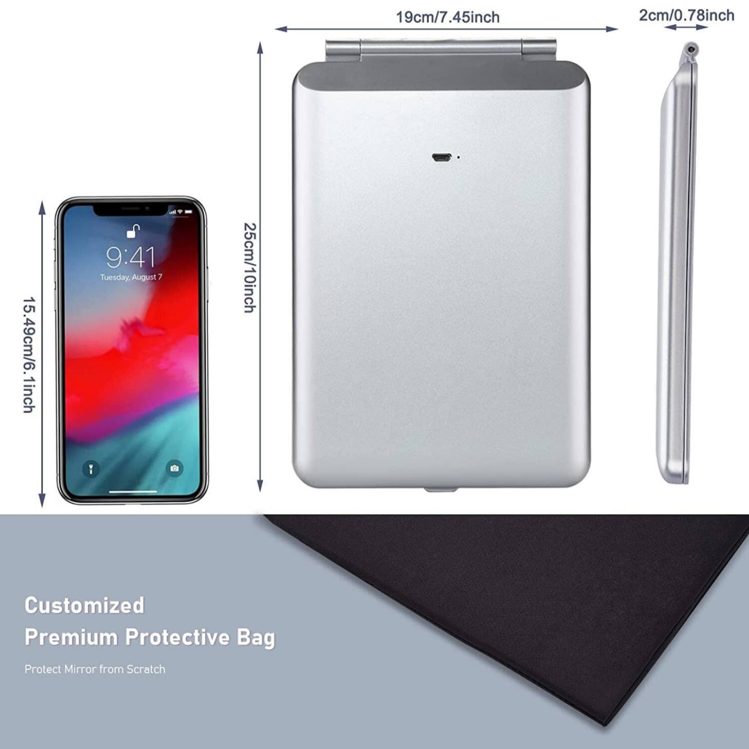 19cm/7.45inch, 2cm/0.78inch, 15.49cm/6.1inch, 9:41 Tuesday, August 7, 25cm/10inch, Customized Premium Protective Bag, Protect Mirror from Scratch