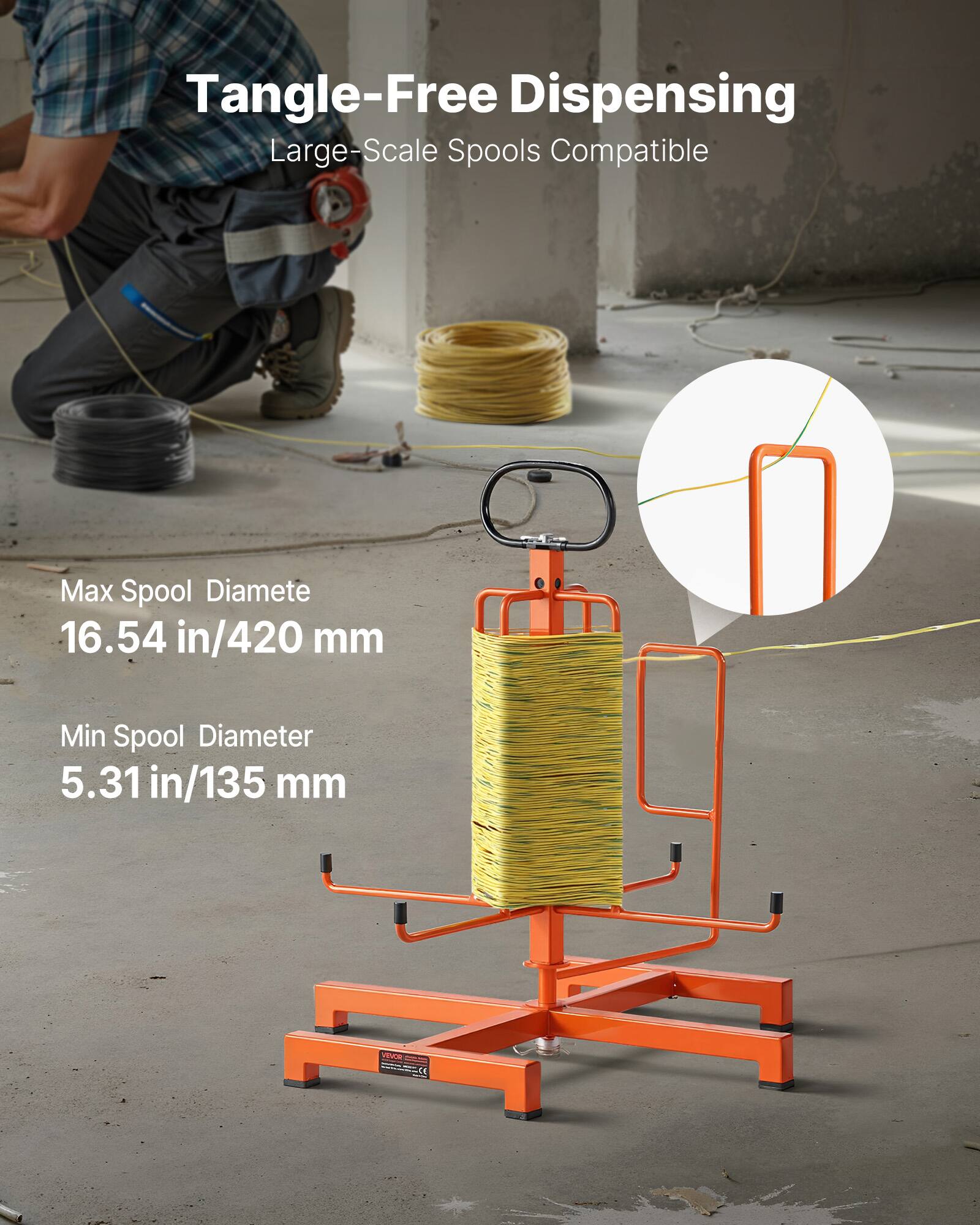 Tangle-Free Dispensing, Large-Scale Spools Compatible, Max Spool Diameter 16.54 in/420 mm, Min Spool Diameter 5.31 in/135 mm, TE: pec