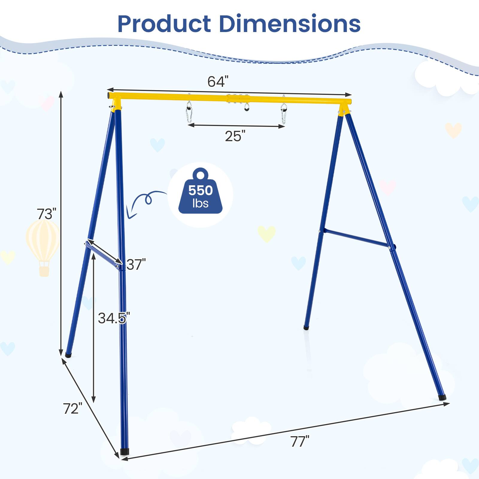Product Dimensions
64"
25"
73"
550 lbs
37"
34.5"
72"
77"