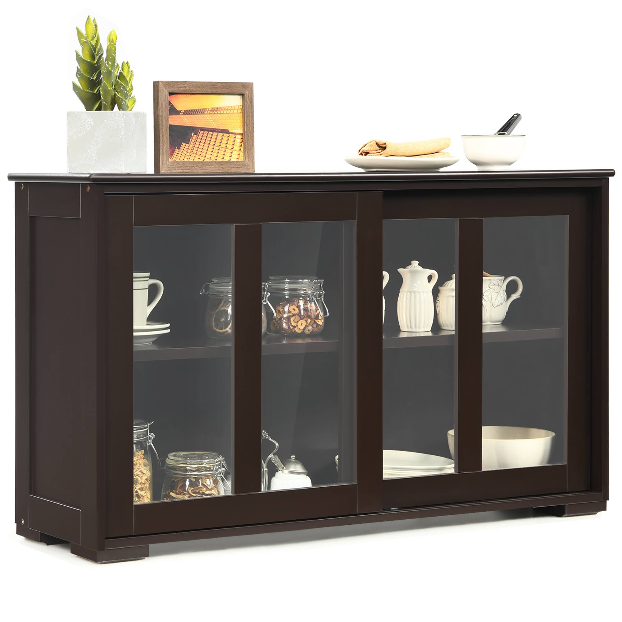 Costway - Kitchen Storage Cabinet Sideboard Buffet Cupboard w/ Sliding Door - Brown