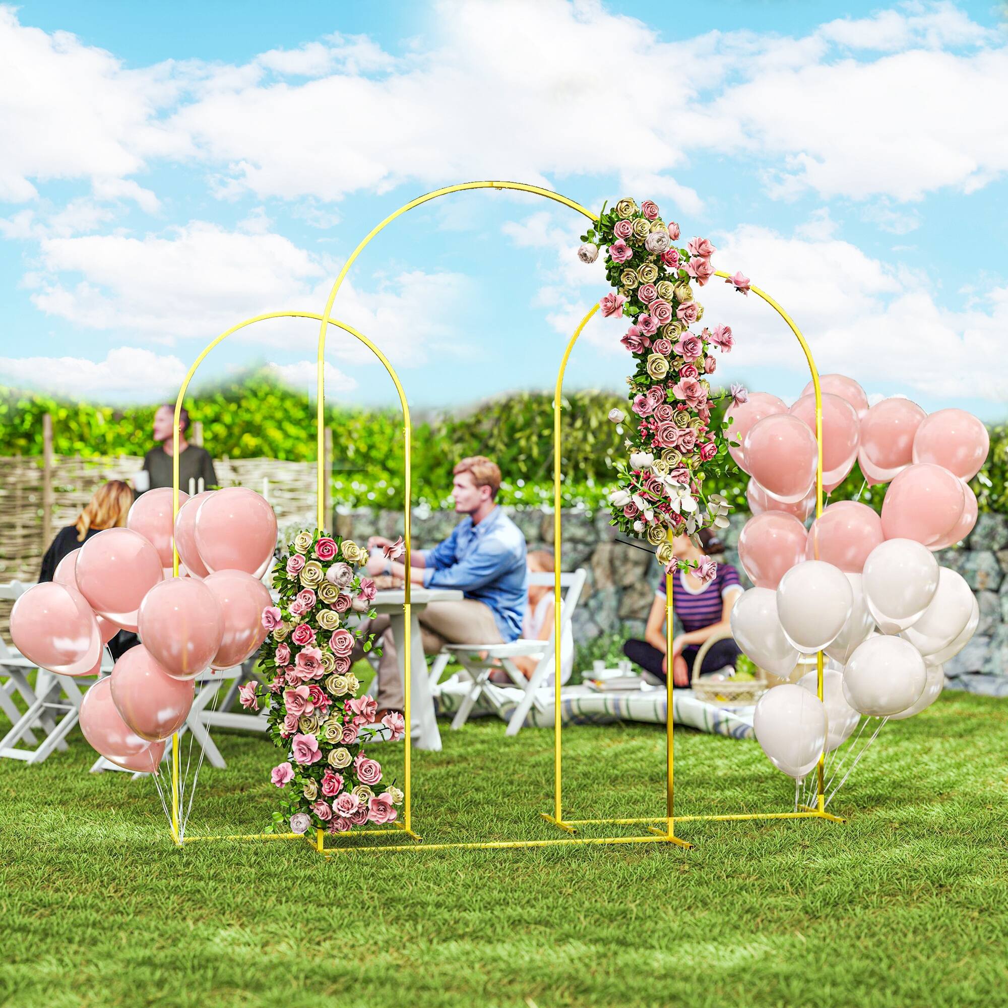 Angle. Outsunny - Metal Arch Backdrop Stand Set of 3, 7/6.5/6 ft Wedding Arch Frame, Balloon Backdrop Arch Stand Set for Birthday Party - Gold.