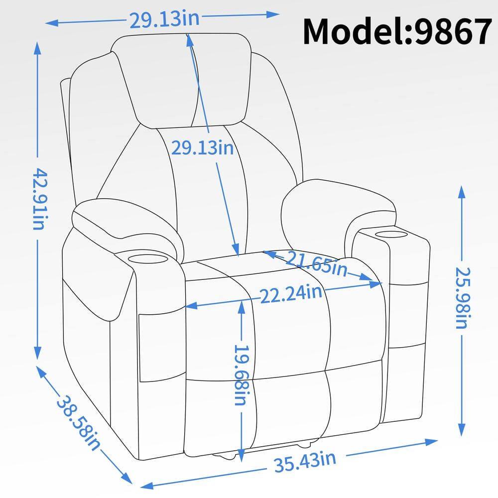 Model: 9867

- Width: 38.58in
- Height: 42.91in
- Seat Height: 29.13in
- Seat Width: 29.13in
- Seat Depth: 21.65in
- Armrest Width: 22.24in
- Armrest Height: 25.98in
- Seat Back Height: 19.68in
- Overall Length: 35.43in