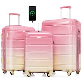 Ecooso - 20/24/28-Inch 3-Piece Lightweight Hardshell Luggage Set with USB Port, Spinner Wheels, and Side Hooks - Pink
