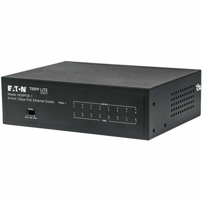 EATON TRIPP LITE  
Model: NG8POE-1  
8-Port 1Gbps PoE Ethernet Switch  

Power Mode: 1-1-1  
Link/Act: 1 2 3 4 5 6 7 8  
POE: 1 2 3 4 5 6 7 8