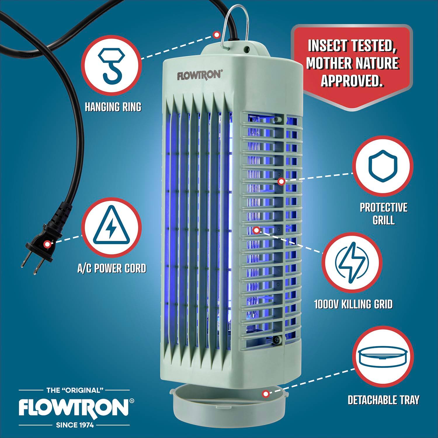 3 HANGING RING  
FLOWTRON  
INSECT TESTED, MOTHER NATURE APPROVED.  
PROTECTIVE GRILL  
A/C POWER CORD  
1000V KILLING GRID  
THE "ORIGINAL" FLOWTRON SINCE 1974  
DETACHABLE TRAY