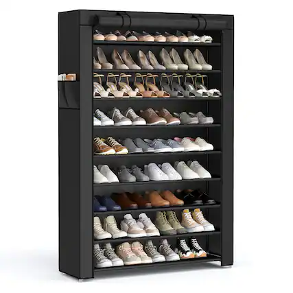 Front. Songmics Home - 10-Tier Shoe Rack, Shoe Storage Organizer Cabinet with Dustproof Cover, Free-Standing, for Closet, Entryway - Black.