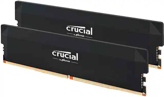 Crucial by Corsair is a brand of memory and storage products. The image shows two Crucial memory cards, which are designed to be compatible with various computer systems. The memory cards are black and have a gold stripe, indicating their high-quality and reliability.