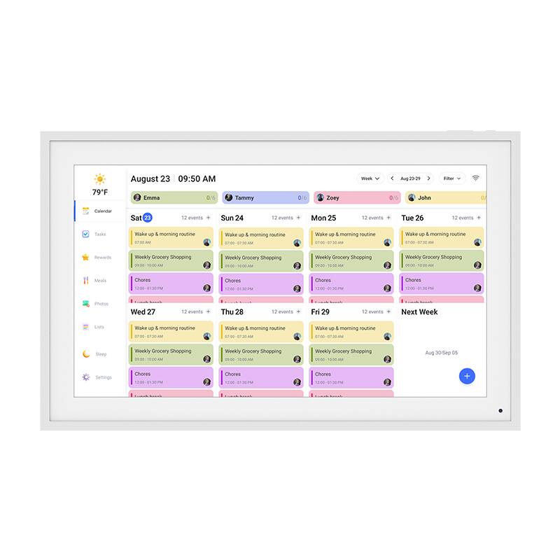 Sure, here is the corrected and grouped text from the image:

---

**79°F**

**August 23 09:50 AM**

**Emma**  
**Tammy**  
**Zoey**  
**John**

**Week of August 23-29**

**Sat 23**  
12 events  
- Wake up & morning routine (07:00 - 07:30 AM)  
- Weekly Grocery Shopping (09:00 - 10:00 AM)  
- Chores (12:00 - 1:00 PM)  
- Chores (12:00 - 1:00 PM)  

**Sun 24**  
12 events  
- Wake up & morning routine (07:00 - 07:30 AM)  
- Weekly Grocery Shopping (09:00 - 10:00 AM)  
- Chores (12:00 - 1:00 PM)  
- Chores (12:00 - 1:00 PM)  

**Mon 25**  
12 events  
- Wake up & morning routine