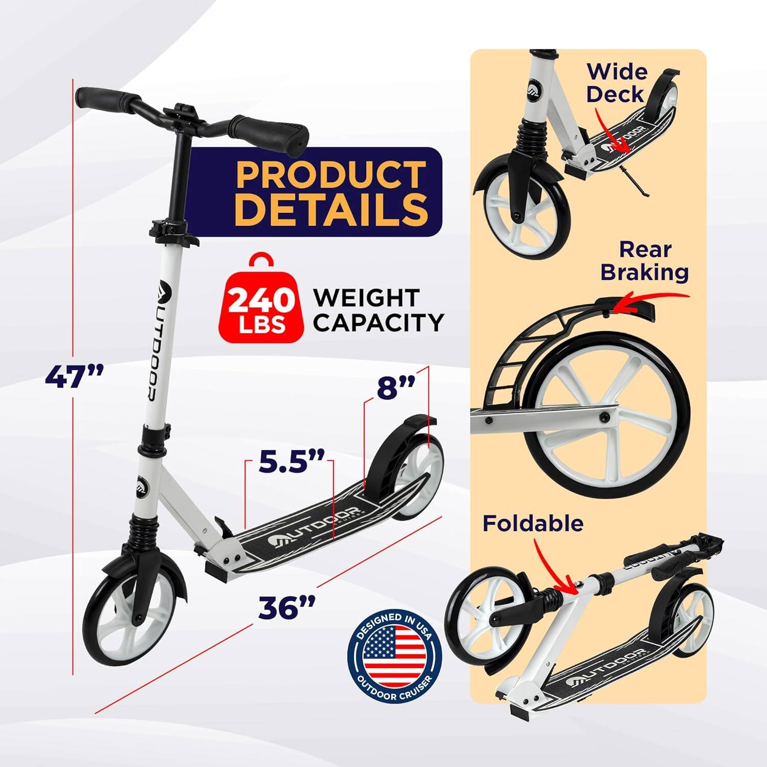 **PRODUCT DETAILS**

- **47"**  
- **8"**  
- **5.5"**  
- **36"**  
- **240 LBS** WEIGHT CAPACITY  

- Wide Deck  
- Rear Braking  
- Foldable  

**DESIGNED IN USA**  
**OUTDOOR CRUISER**
