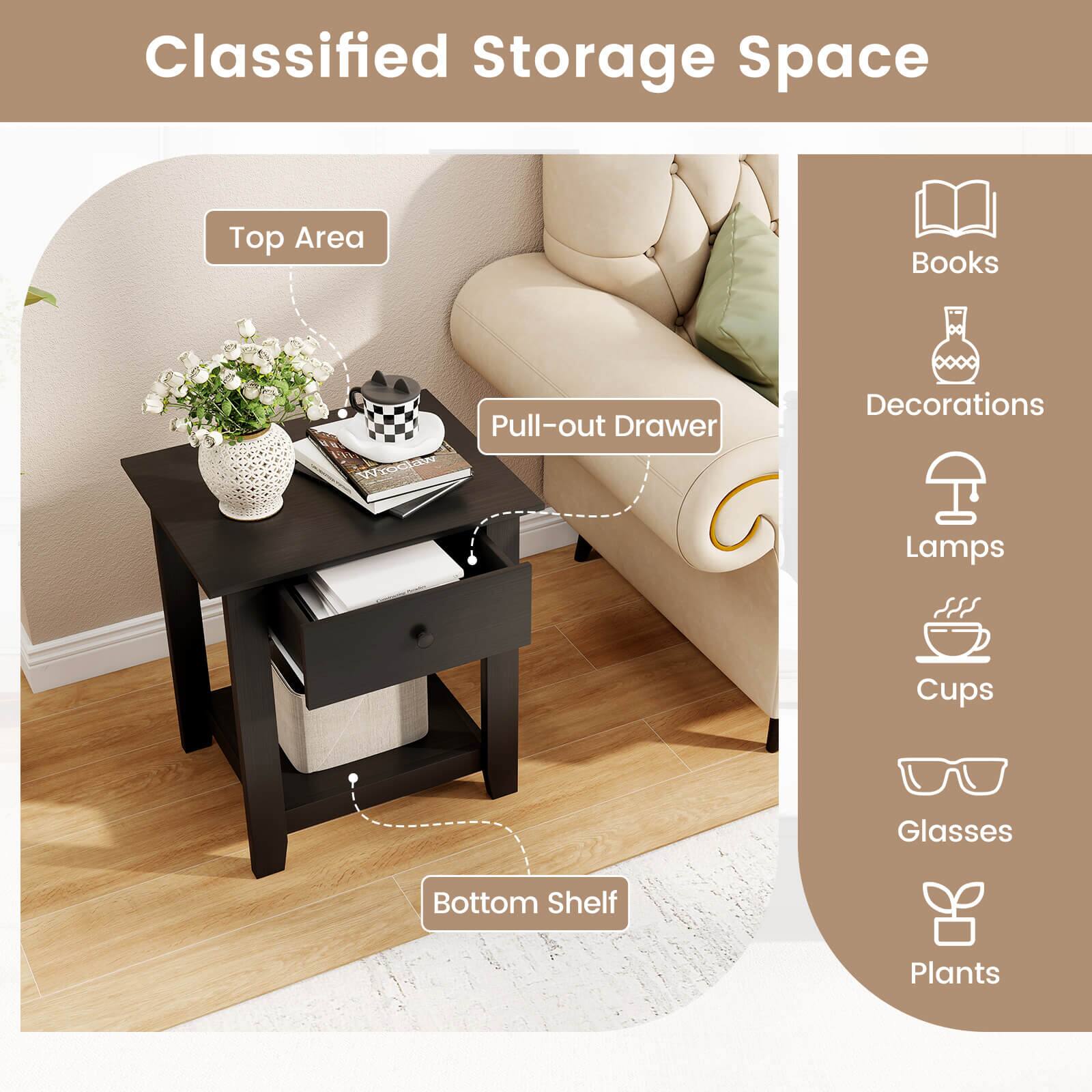 Classified Storage Space

Top Area  
- Books  
- Decorations  
- Lamps  
- Cups  
- Glasses  

Pull-out Drawer  

Bottom Shelf  
- Plants