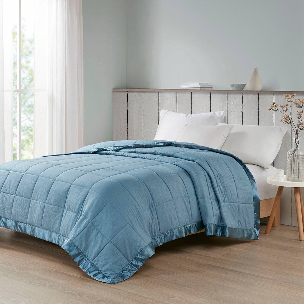 Alt View 1. Gracie Mills - Gracie Mills Lucile Textured Oversized Down Alternative Blanket with Satin Trim - Slate Blue.