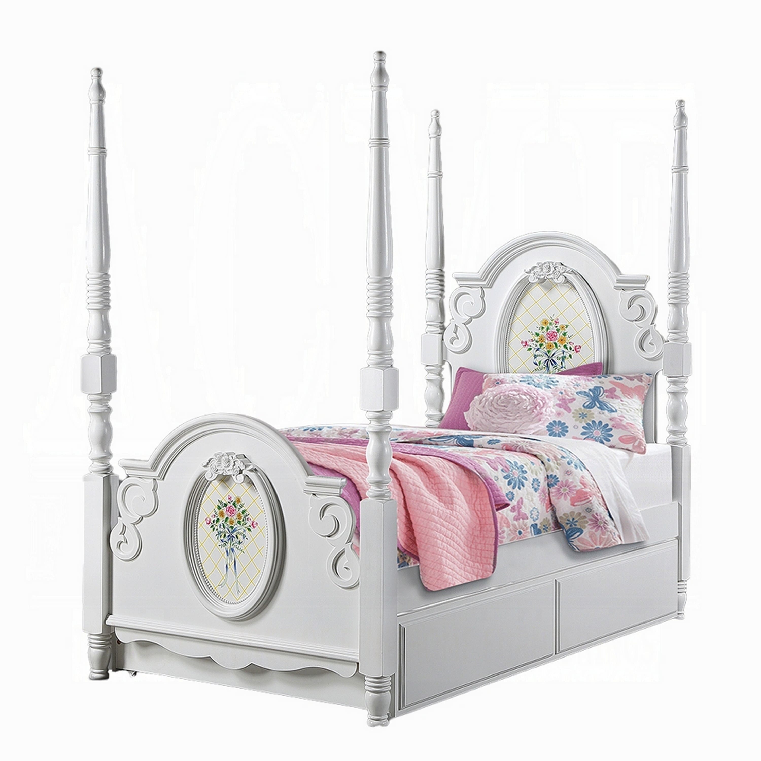 Manhattan Lane - Auri Twin 4 Poster Princess Bed, Classic Arched Headboard, White Wood - White