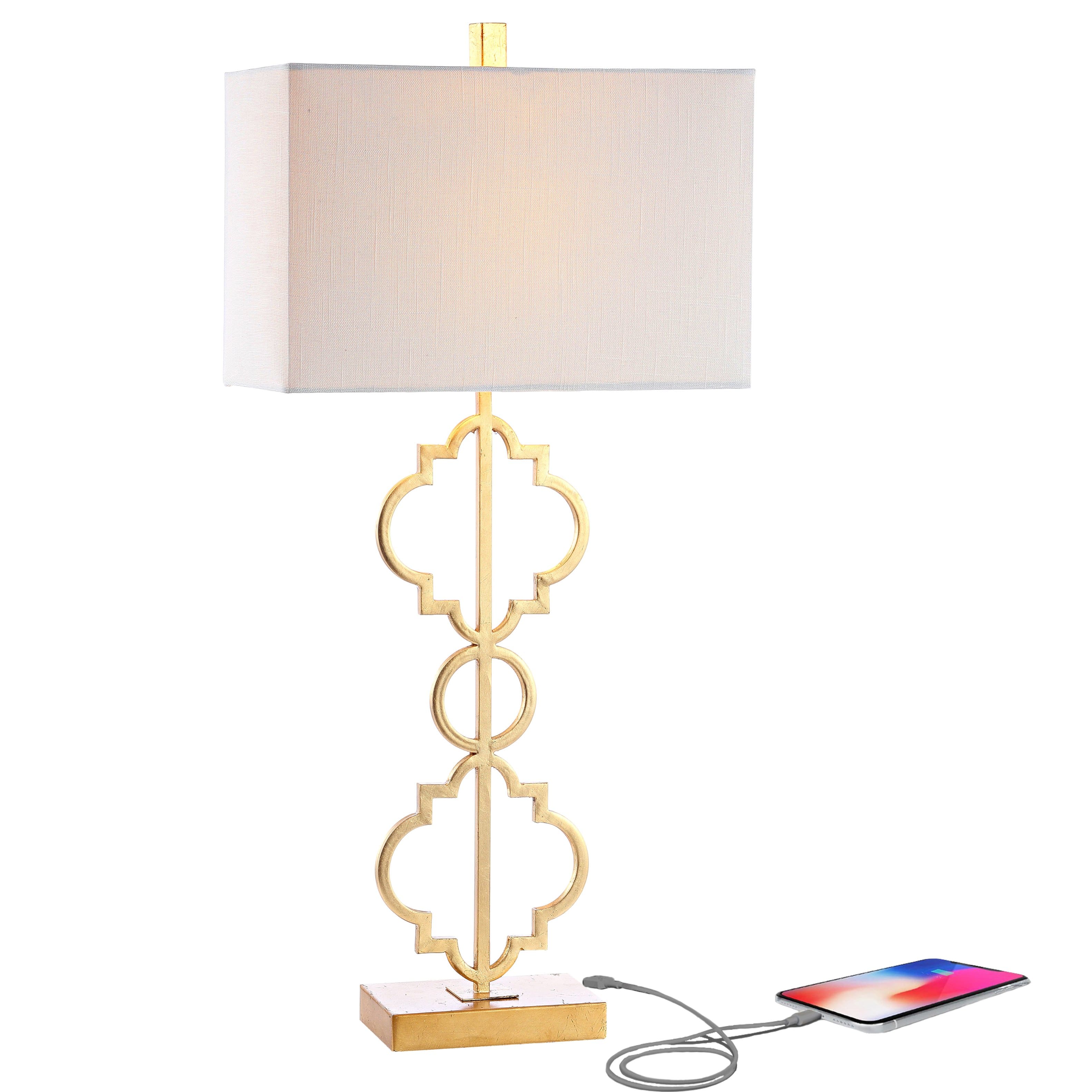 Jonathan Y - Selina 32" Iron Ogee Trellis Modern LED USB Table Lamp - Gold Painting