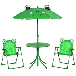 Resenkos - 4-Piece Kids Patio Table And Chairs, Frog Pattern,Adjustable Sun Umbrella, Metal, Polyester - Green