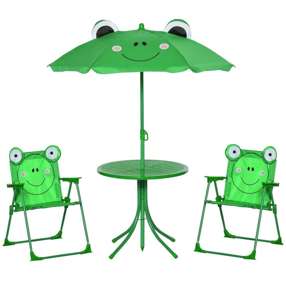 Front. Resenkos - Resenkos 4-Piece Kids Patio Table And Chairs, Frog Pattern,Adjustable Sun Umbrella, Metal, Polyester, Green - Green.