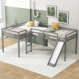 Loheer - L-Shaped Twin Loft Bed with Slide and Ladder, Corner Loft Bed Frame for Kids, Solid Pine Wood - Gray
