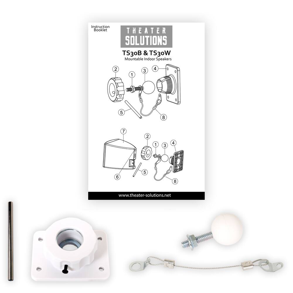 Instruction Booklet

THEATER SOLUTIONS

TS30B & TS30W  
Mountable Indoor Speakers

1.  
2.  
3.  
4.  
5.  
6.  
7.  
8.  

www.theater-solutions.net