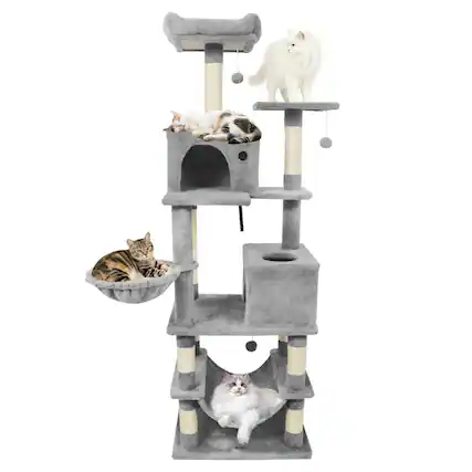 Front. Kadyn - 66-Inch Tall Multi-Level Cat Tower with Two Condos and Sisal Posts, Light Gray - Gray.