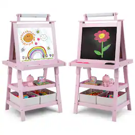Costway - Kids Art Easel Double Sided Chalkboard Magnetic Whiteboard with Storage Tray - Pink