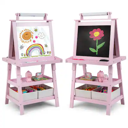 Front. Costway - Kids Art Easel Double Sided Chalkboard Magnetic Whiteboard with Storage Tray - Pink.