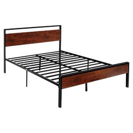 VEVOR - Queen Size Bed Frame,14 in Black Metal Platform Bed Frame with Retro Brown Wooden Headboard and Footboard,Large Storage - Brown