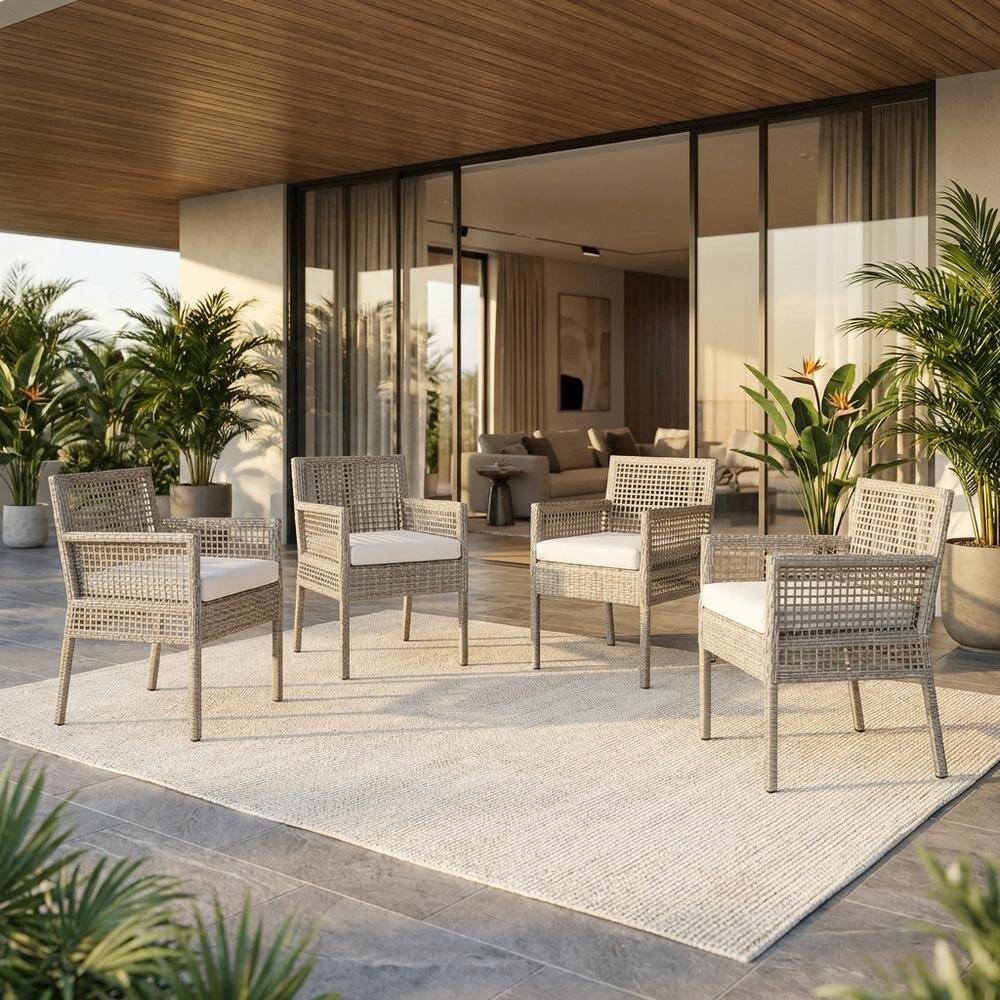 Angle. Outdoor Escape - Set Of 4 Outdoor Wicker Rattan Dining Armchairs For Patio - Gray White.