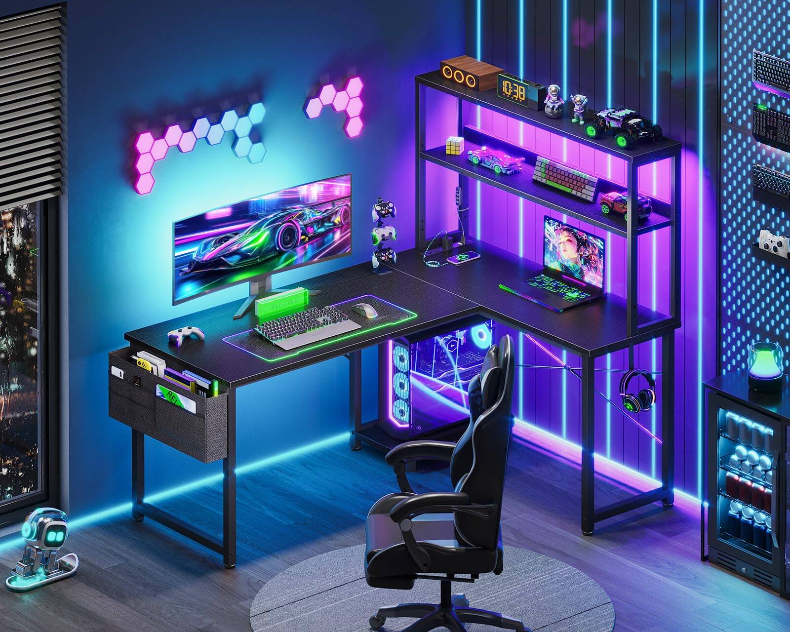 Alt View 1. AODK - Reversible L-Shaped Gaming Desk with LED Light, Power Outlet, Shelf, Storage Bag and Hook - Black.