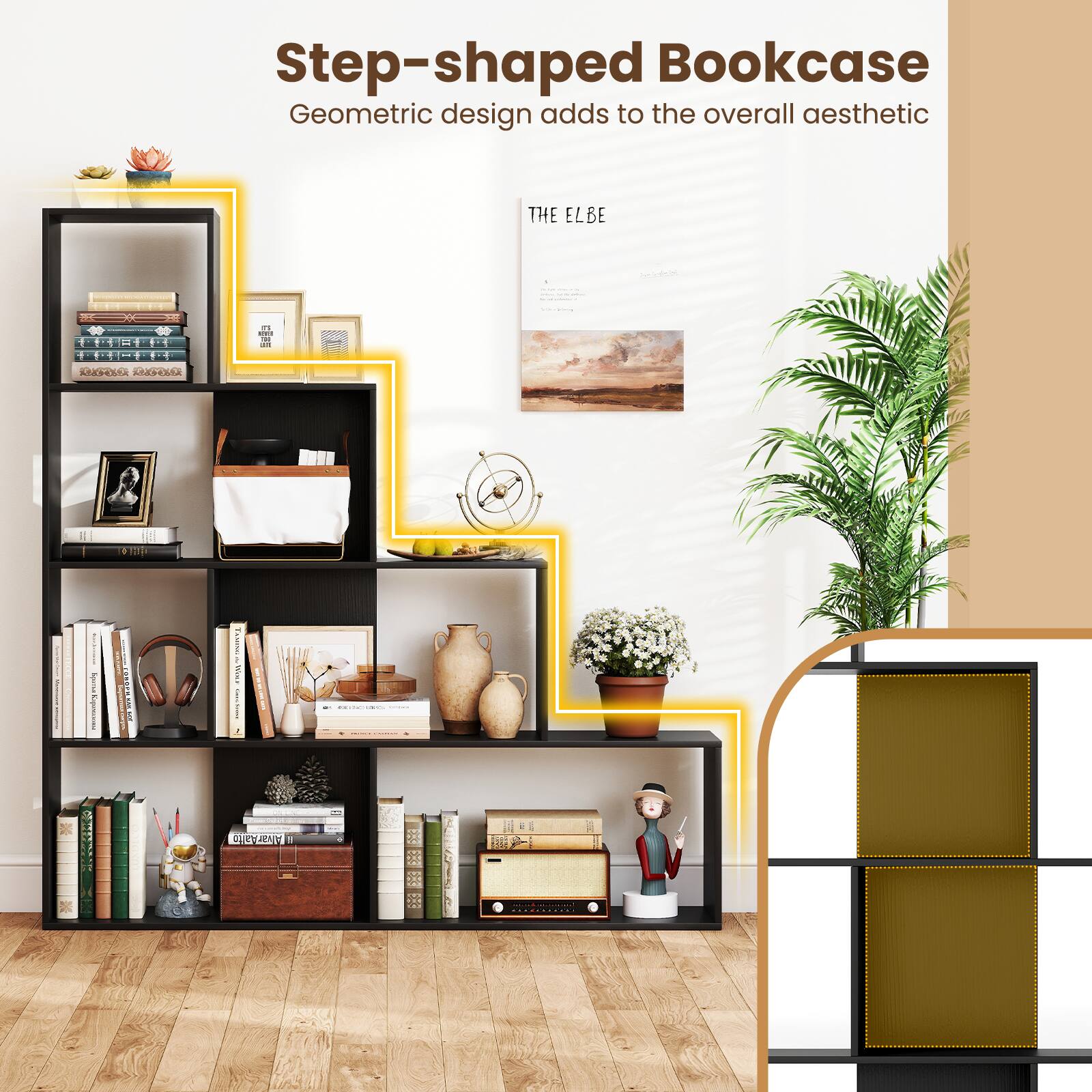 Step-shaped Bookcase Geometric design adds to the overall aesthetic THE ELBE