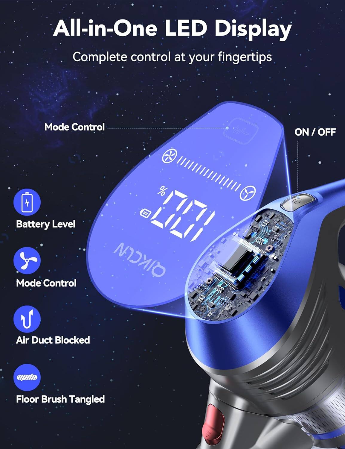 All-in-One LED Display, Complete control at your fingertips, Mode Control, ON/OFF, Battery Level, Mode Control, Air Duct Blocked, Floor Brush Tangled
