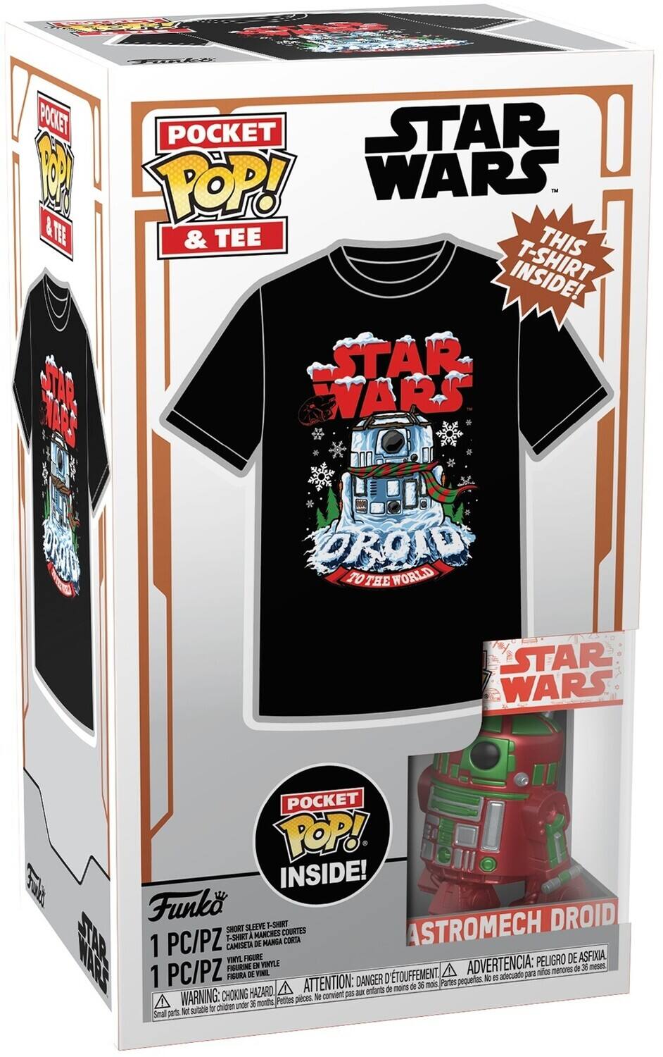 **Front:**

- **Top Left:**  
  - "POCKET POP! & TEE"

- **Top Center:**  
  - "STAR WARS"

- **Top Right:**  
  - "THIS T-SHIRT INSIDE!"

- **Middle:**  
  - "POCKET POP! & TEE"  
  - "STAR WARS"  
  - "DROID"  
  - "TO THE WORLD"

- **Bottom Left:**  
  - "Funko"  
  - "1 PC/PZ"  
  - "1 PC/PZ"

- **Bottom Right:**  
  - "ASTROMECH DROID"

- **Bottom Center:**  
  - "POCKET POP! INSIDE!"

- **Bottom:**  
  - "WARNING: CHOKING HAZARD - Small parts. Not suitable for children under 36 months."  
  - "ATTENTION: DANGER D'ÉTOUFFEMENT - Petites pièces. Ne convient pas aux enfants de moins de 36 mois."  
  - "ADVERTENCIA: PEIGRO DE ASFIXIA - Piezas pequeñas. No es adecuado para niños menores de 36 meses."

**Side