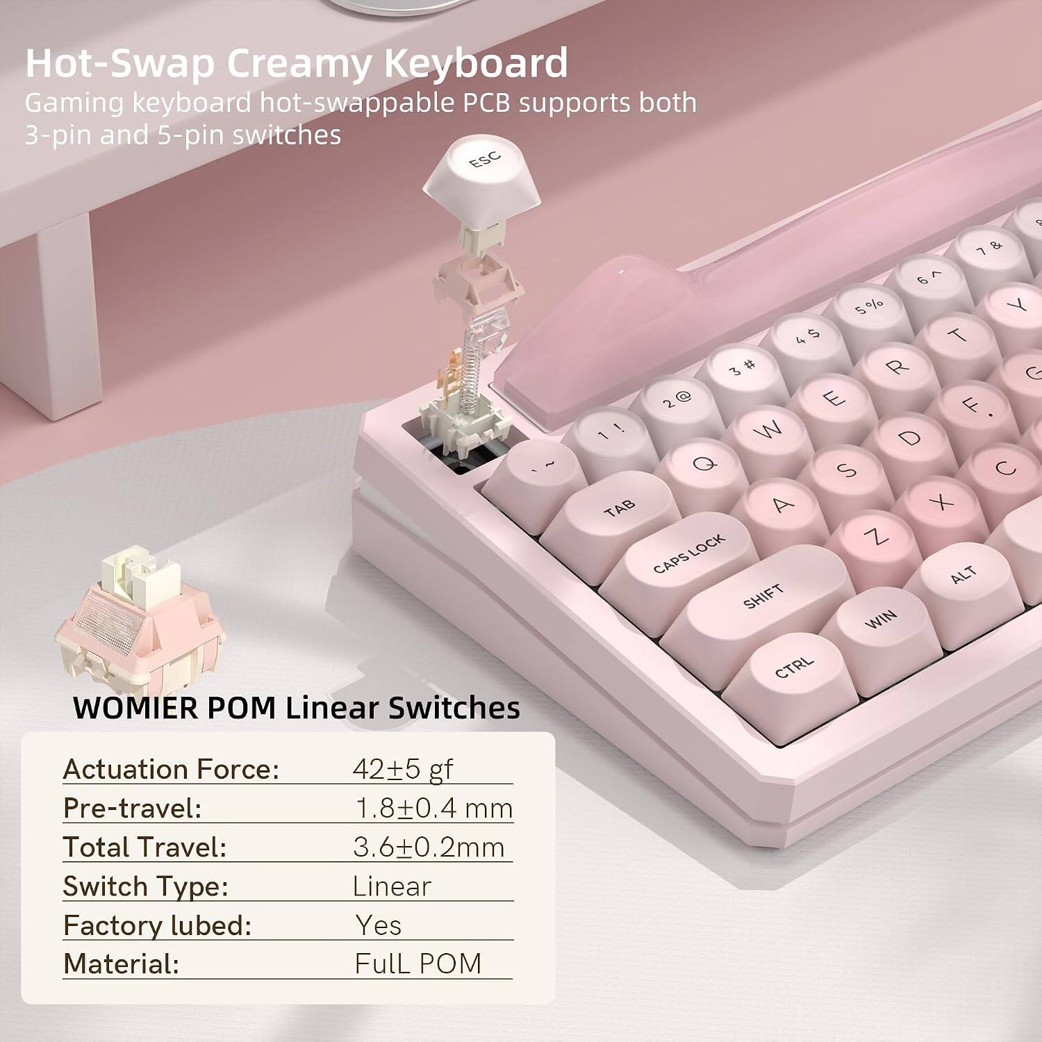 Hot-Swap Creamy Keyboard  
Gaming keyboard hot-swappable PCB supports both 3-pin and 5-pin switches  

WOMIER POM Linear Switches  

Actuation Force: 42±5 gf  
Pre-travel: 1.8±0.4 mm  
Total Travel: 3.6±0.2 mm  
Switch Type: Linear  
Factory lubed: Yes  
Material: Full POM